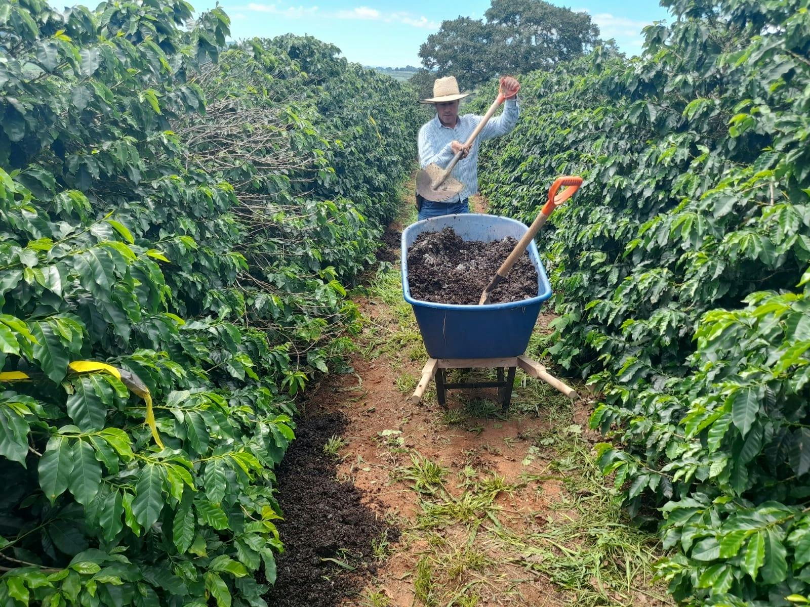 a man is pushing a wheelbarrow full of dirt in a field .